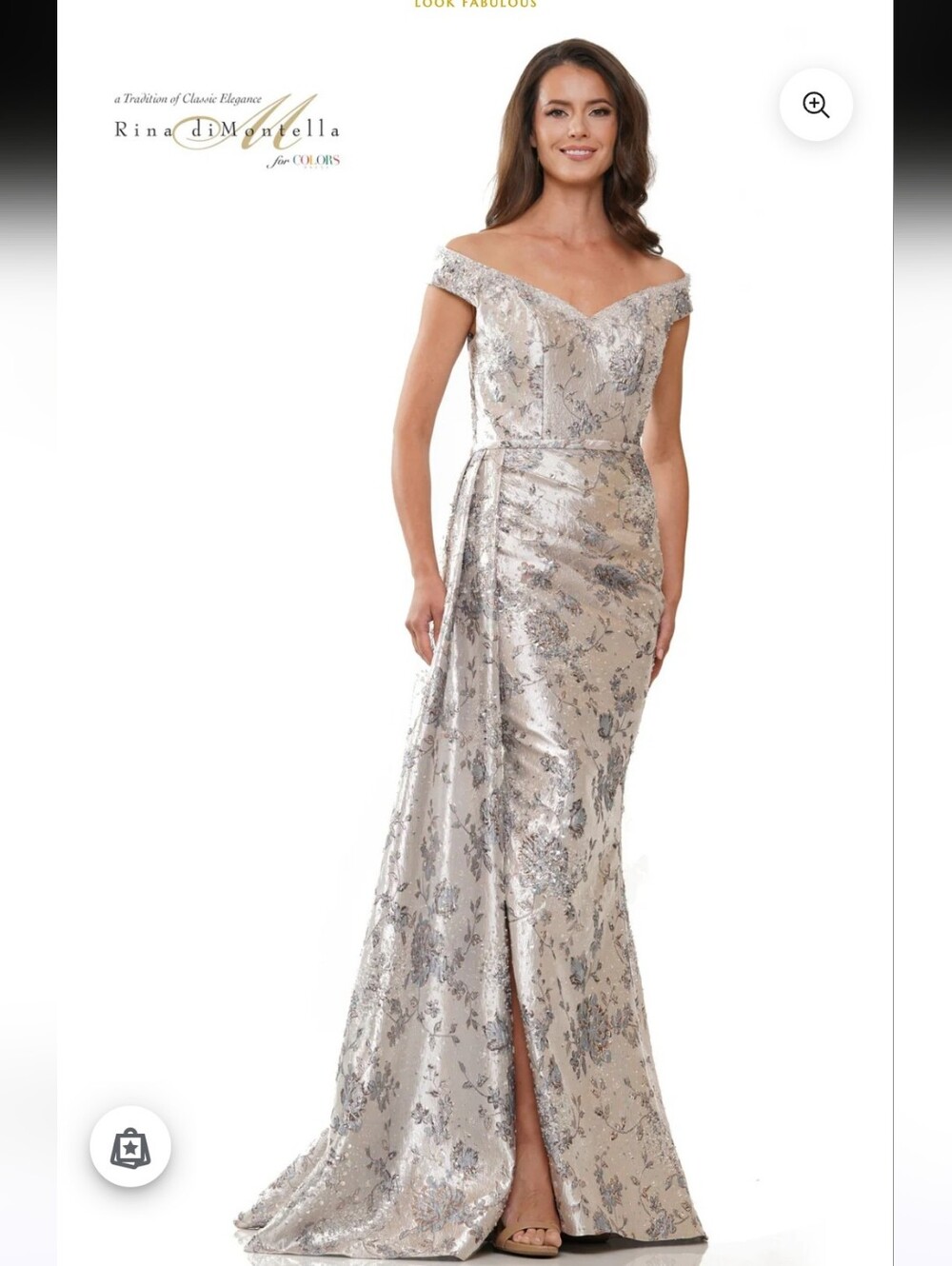 Rina diMontella Silver Floral Embroidered One-Shoulder Evening Gown Size 14